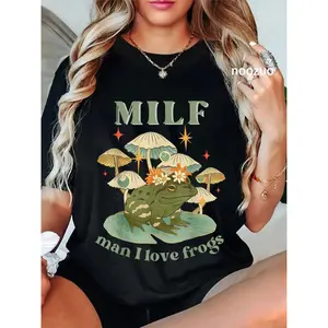 100% Cotton Unisex MILFs Man I Love Frogs Vintage Retro Frog And Fungi Mushroom T-Shirt Casual Top