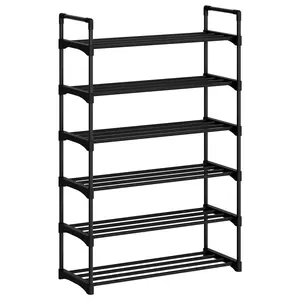 Industrial Shoe Rack Organizer – 4-Tier Metal Frame with Wooden Top & 3 Fabric Shelves – Space-Saving Entryway & Closet Storage, Holds 9-12 Pairs,