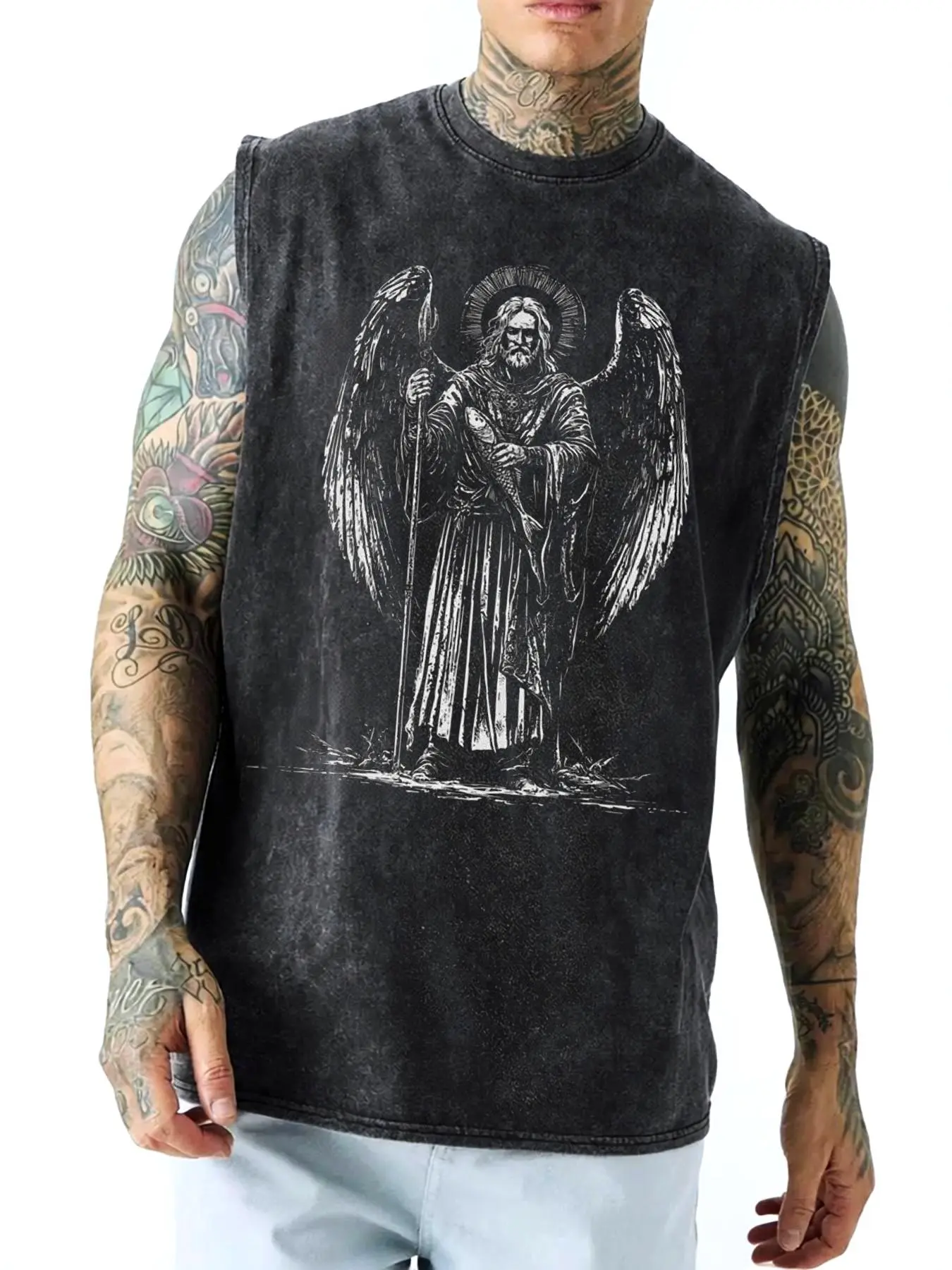210G Washed Vest with Archangel Raphael Print, High-Quality Wax Printed, Machine Washable, with a Certain Thickness Suitable for Summer Vests, Outdoor Activities, And Holiday Gifts