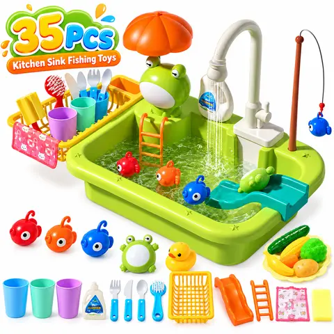 Cute Stone Kids Pretend Play Roleplay Kit - Upgraded Electric Faucet, Running Water, Detachable Drain Rack, Floating Fish, Mini Cooking Set, Vanity, Eco-Friendly Plastic Cups/Plates/Brushes, 16x12x5 inches, Safe for Ages 6+ Yrs, Girls' Fun Toy Gift, aa,fa
