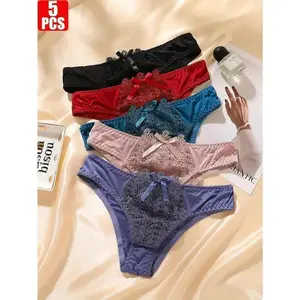 5pcs Women's Sexy Lace-Trimmed Low-Rise Panties - Soft, Comfortable Nylon Briefs with Bow Detail in Black, Red, Teal, Pink & Purple, Elegant Lingerie for Casual Attire Womenswear Mixed Color Fit Seamless Underwear Daily Seamless
