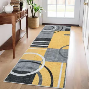 GARVEE Washable Runner Rug 2x6 Modern Circle Rugs Runner Non Slip Low Pile Rug for Hallway Soft Long Rugs Indoor Floor Carpet for Kitchen Bedroom Entryway, Yellow