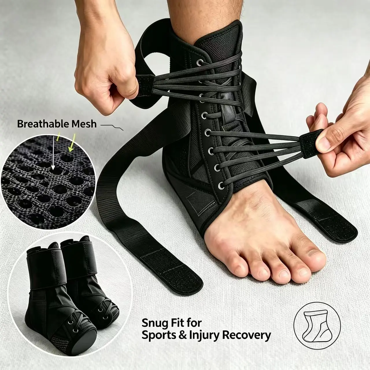 Quick Lace-Up Ankle Brace with Side Splints, Adjustable Compression Support for Exercise, Training & Daily Activities, Breathable Design Fits Inside Shoes