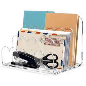 Acrylic Scalloped Mail Organizer 3 Compartments Desktop Letter Holder Vertical File Sorter Desk Organizer for Letters Envelopes Bills and Stationery