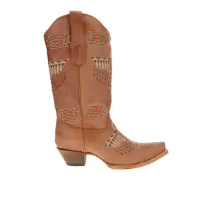 Corral Boots Womens Southwest Embroidered Snip Toe Pull On  Casual Boots Mid Calf Mid Heel 2-3" - Brown