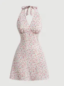 Elegant Fitted Halter Neck Dress, Cute Floral Print, Romantic Women's Fashion, Perfect for Parties and Special Occasions, Womenswear