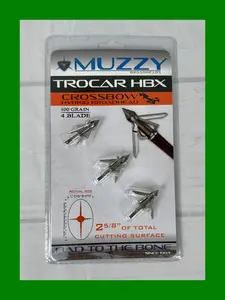 Muzzy - Trocar HBX, Expandable Crossbow Hunting Broadheads 3/pack, 100 Grain, 4 Steel Blade, 2 5/8" Entry Diameter, Hybrid Chisel Tip, Aerodynamic