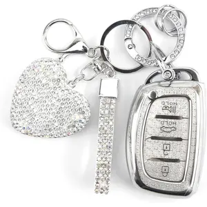 New Upgrade Key Fob Cover with Diamond Keychain Car Key Holder Case Compatible with Smart Remote Key Protector for Women, 4 Buttons (Silver-Heart)
