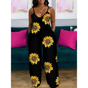 Women's Black & Yellow Sunflower Print Jumpsuit - Sleeveless Wide-Leg Romper with Low Neck, Mid-Stretch Machine-Washable Fabric for Spring/Summer Casual Outfits, Sunflower Romper, Summer Outfit, Vibrant Design, Comfortable Fit