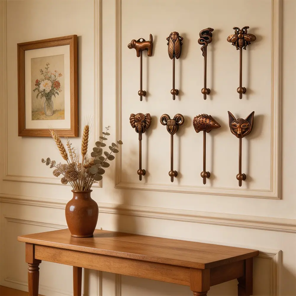 8 Piece Antique Bronze Animal Shape Hooks Set, Vintage Metal Wall Mount Hangers, Towel Clothes Key Decorative Rack, Rustic Home Storage Decor