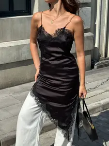 Womens Black Lace Trim Slip Cami Top Satin Look Spaghetti Strap Sleeveless Layering Tunic Asymmetrical Hem Soft Lightweight Fabric Sexy Slim Fit Y2K Chic Street Style Casual Party Date Night Vacation Fashion Top