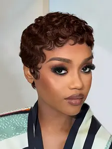 Burgundy Pixie Cut Short Curly Human Hair Wig, Machine Made Daily Party Use, Stylish Gift Wig for Women PIXIE WIG HUMAN HAIR