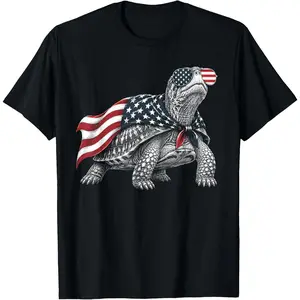 100% Cotton Eastern Box Turtle 4th of July US American Flag Patriotic T-Shirt
