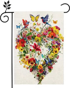 Spring and Summer-themed Outdoor Garden Flag Featuring Birds, Flowers, and Butterflies; Colorful Floral and Heart-Patterned Outdoor Yard Flag; 12x18 Inches, Double-Sided