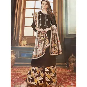 #PL3-5 (3-Piece Set (Brown Kurta Georgette and Crepe combination + Palazzo + Chiffon  Dupatta)