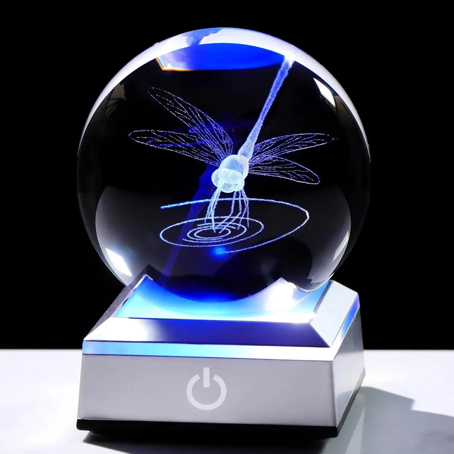 Ball 3D Dragonfly with LED Colorful Base, 3.15"  Glass  , Dragonfly Gifts for Women Mom for Birthday Christmas Office Home Decor