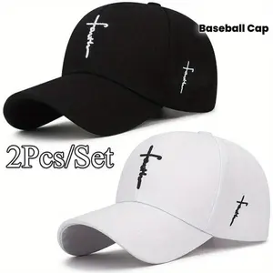 2pcs Set Unisex Baseball Caps, Black & White Cross Embroidery Breathable Adjustable Sports Hats