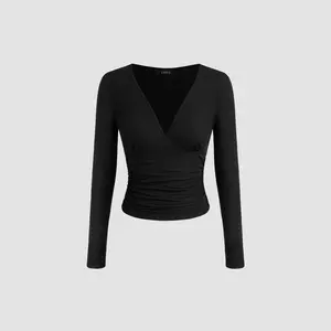 Cider [2 colors, size 2-10] V-neck Solid Ruched Long Sleeve Tee