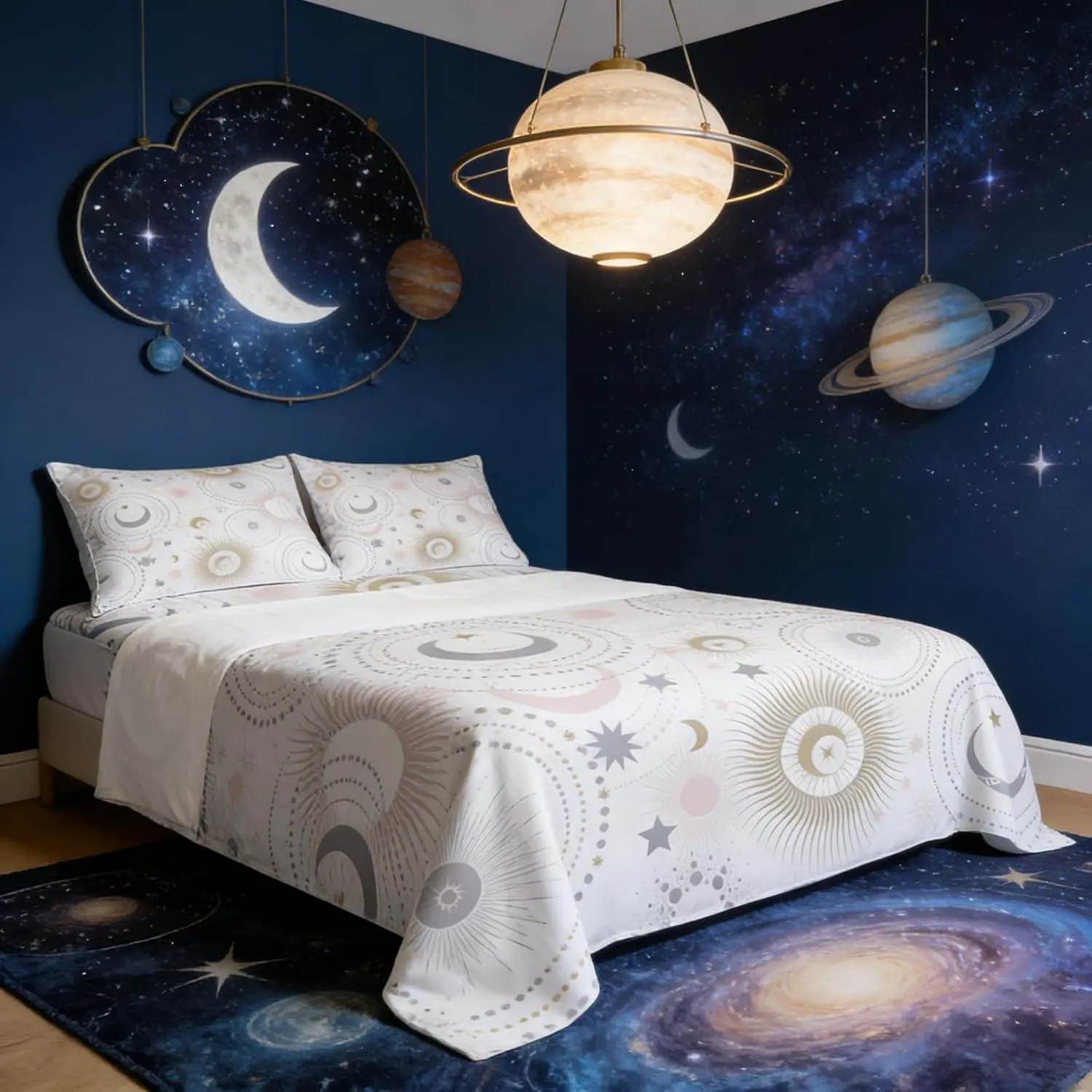 Stars and Moon Bed Sheet Set,Pink Golden Grey Shiny Planets Quality Polyester Luxury Fitted Sheet,Romantic Galaxy Universe Bedding Set,(1 Fitted,1 Flat,2 Pillows),Soft