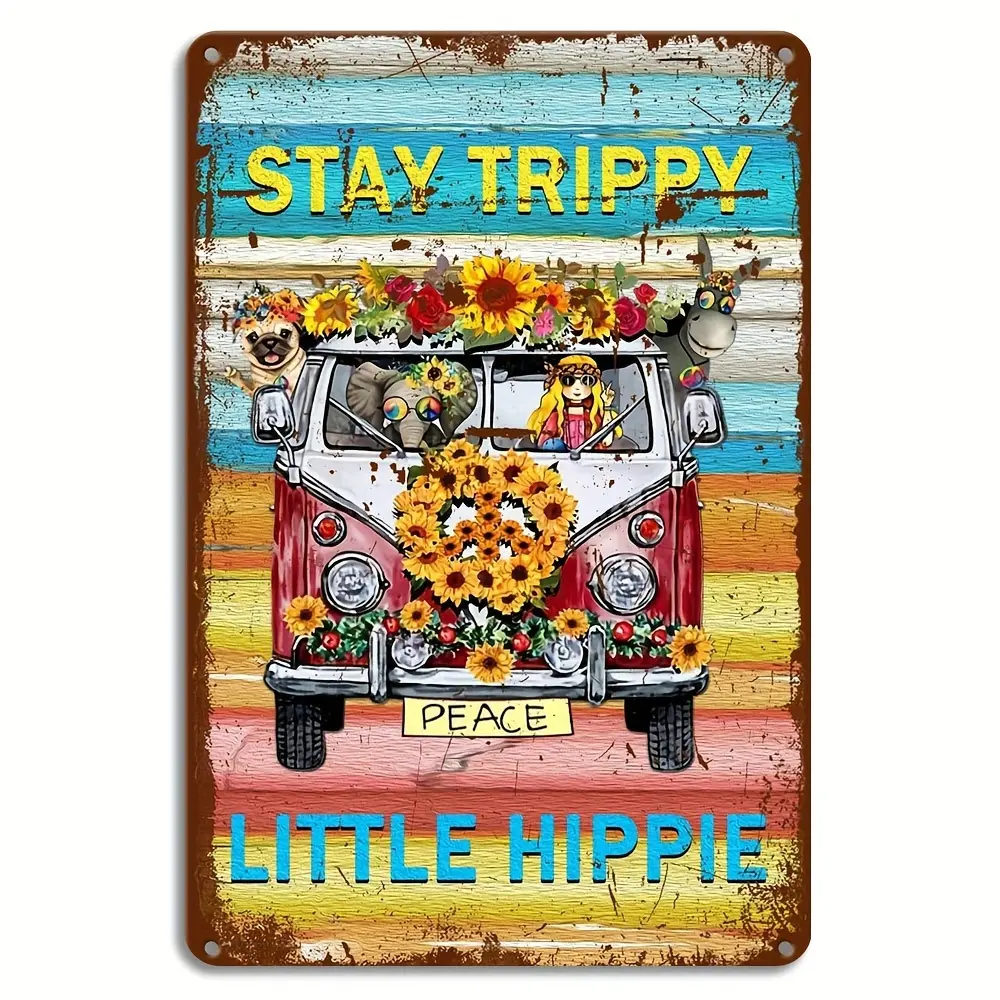 Hippie Room Decor, Hippie Wall Decor Funny Stay Trippy Little Hippie Metal Tin Signs Retro Hippy Street Sign For Bedroom Aesthetic Boho Garden Decor Hippie Bus Peace Sign Home Decor Gifts 8x12 Inch