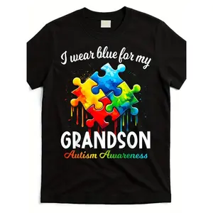 "I Wear Blue for My Grandson" Autism Awareness Puzzle Piece Graphic T-Shirt for Men & Women, Grandma Grandpa Supportive Design, Unisex Adult Short Sleeve Round Neck Heavyweight Tee, Breathable Elastic Cotton, Regular Fit, Machine Washable