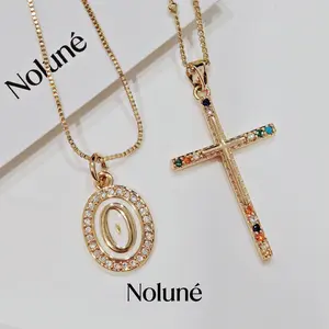 Trendy Sparkling Cross Gold Layered Necklace for Women Street Style Flat Initial Pendant & Colorful Cross Charm Jewelry