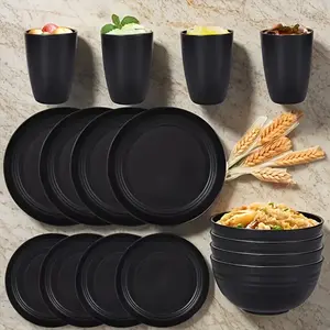 16-Piece Black Wheat Straw Plates and Bowls Dinnerware Set – Camping Dish Set for 4–8 People, Plastic Plates and Bowls, Dishwasher Safe, Unbreakable Plastic Camper Dinnerware Set