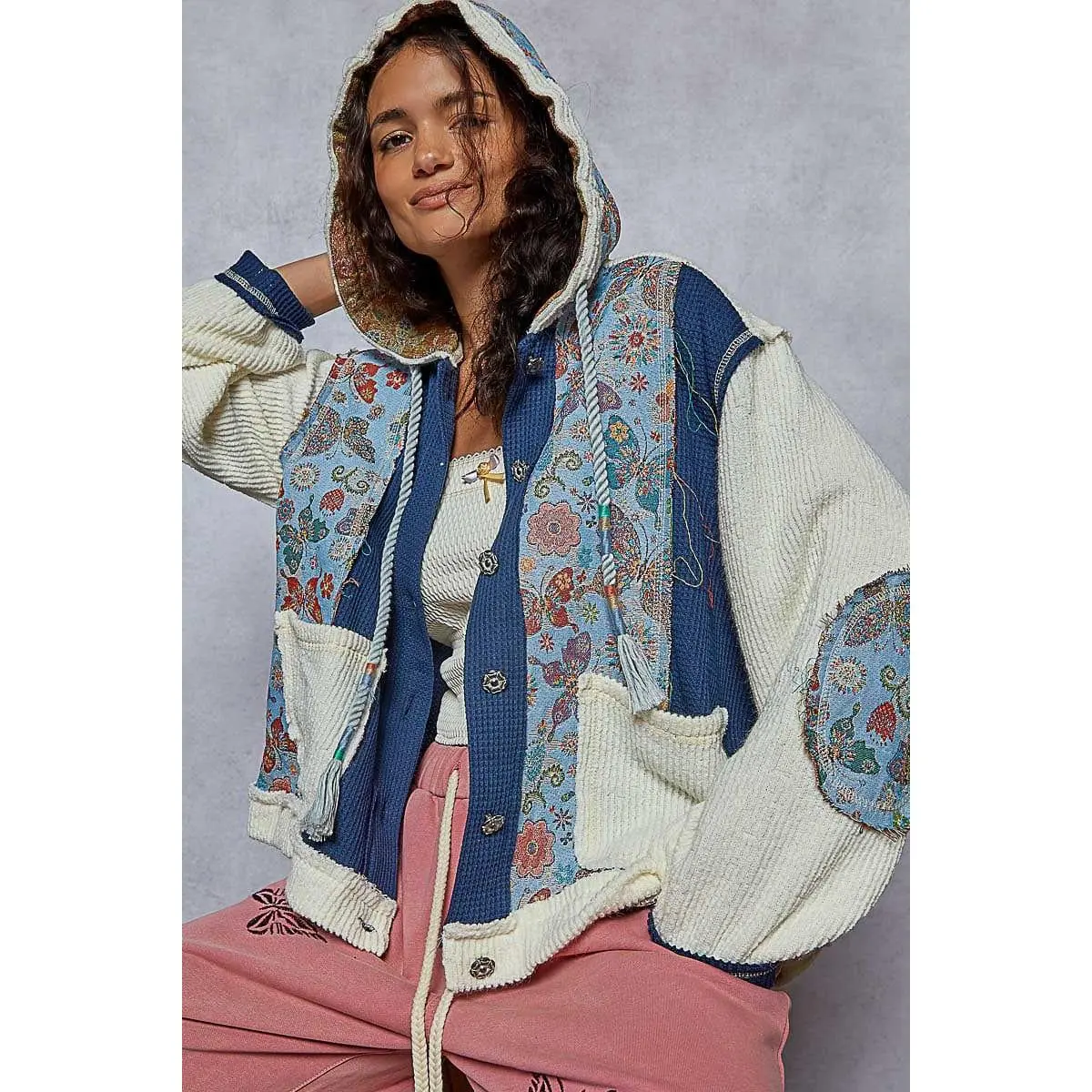 Pol Clothing Women's Floral Patchwork Hoodie, Everyday Loose Fit Cotton Polyester Top with Long Balloon Sleeves and Elbow Patches, Baggy, Fabric, Tops, Pullover, Oversized, Long Sleeve