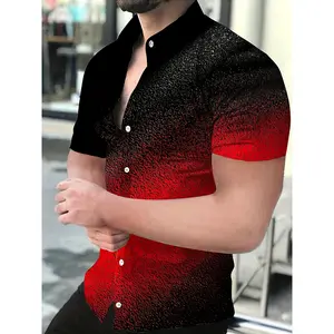 Men's casual short sleeve shirt with unique 3D geometric print-polyester, button-up with chest pocket, machine washable, black to red gradient
