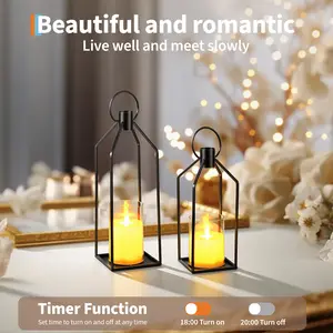 Modern Farmhouse Lanterns (19" & 22") in Antique Gold — Includes Flickering LED Candles with Timer, Perfect for Porch, Fireplace & Table Decor
