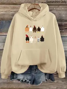 Women's Cartoon Chicken Print Drop Shoulder Drawstring Hoodie, Fashion Casual Pocket Hooded Sweatshirt for Daily Holiday Outdoor Wear, Women Clothes for Fall & Winter