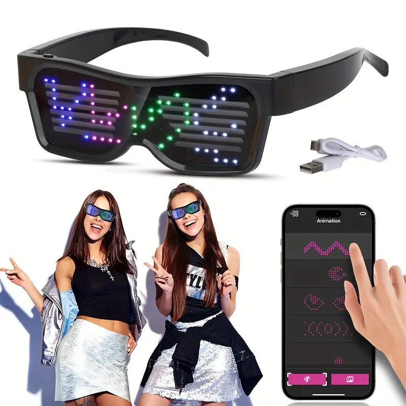 LED Smart Glasses for Men, Funky 4-Color Eyewear with Wireless App Control, USB Rechargeable DIY Display for Parties & Festivals, Four-Color