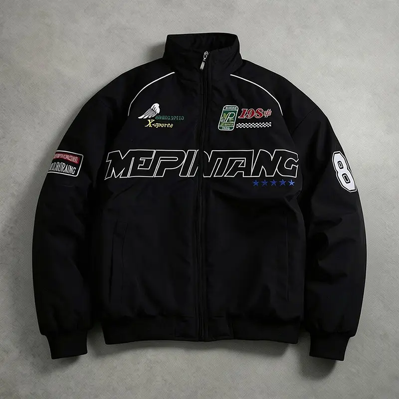 Men’s vintage racing aviator jacket, stand collar motorcycle print zip baseball jacket, hip-hop street loose windproof outerwear, trendy motorcycling casual cotton jacket, available in multiple colors.