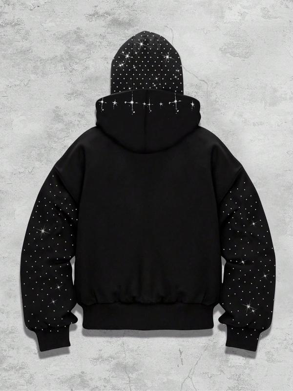 Eye print two hats zipper cardigan men's hoodie, Graphic hoodies, sleeve hat hot rhinestone, sparkling starry sky unisex hoodie European and American street jacket, autumn and winter plus velvet hoodie Instagram style