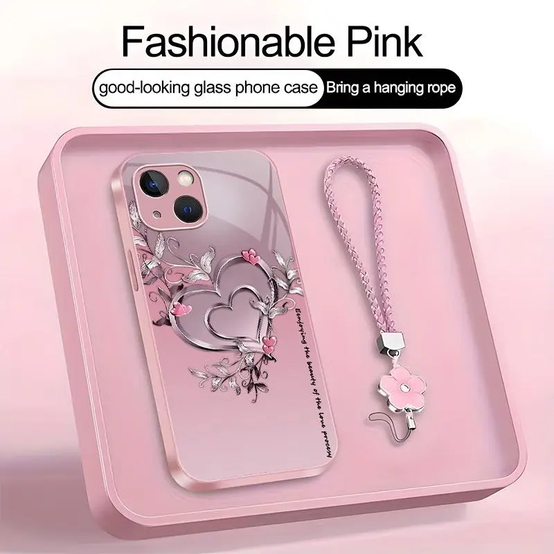 Suitable for [iPhone 14 Plus] high-end phone case，a beautiful four-leaf clover lanyard is included,Premium heart pattern,a variety of colors are available for you to choose from YM99