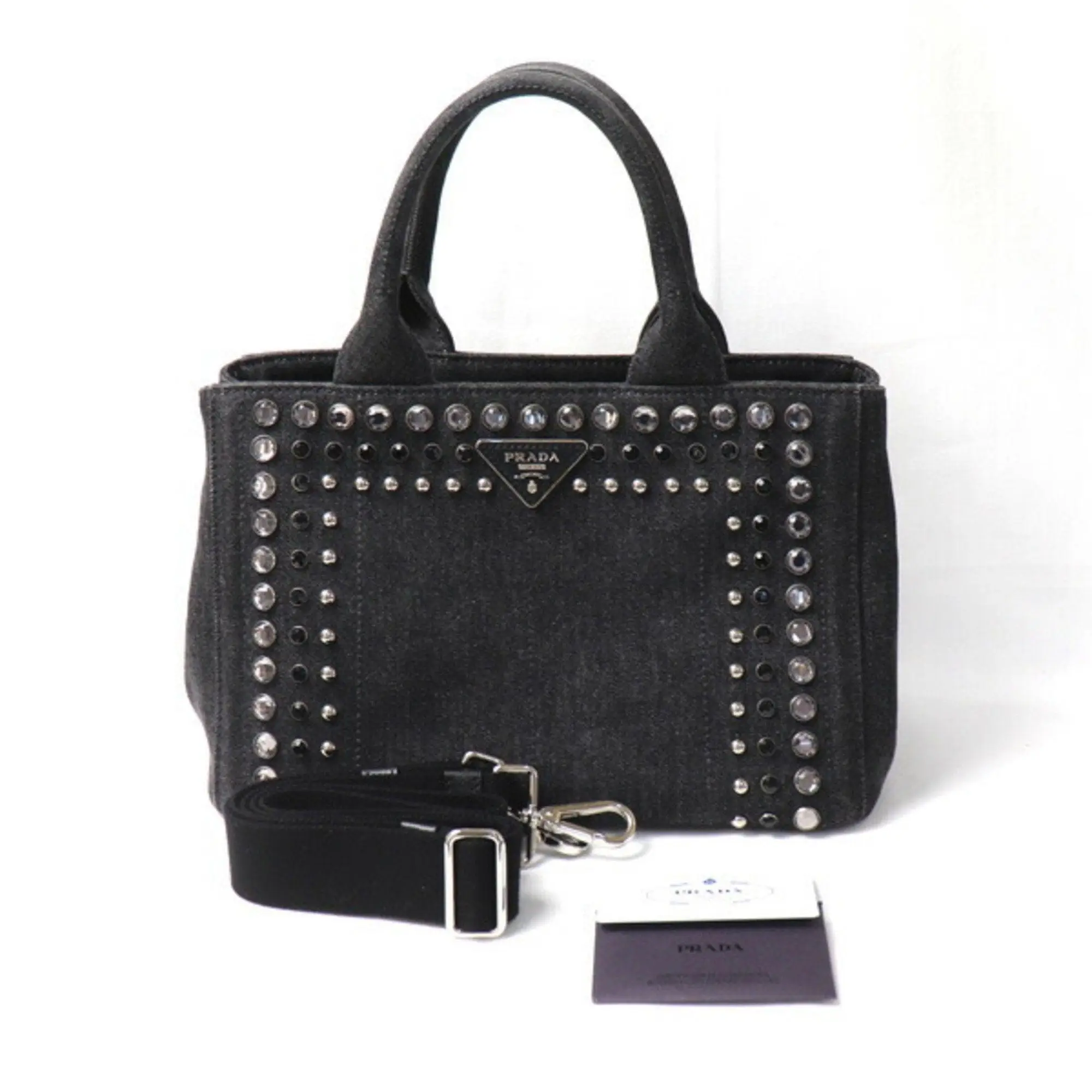 Pre-owned PRADA Denim tote bags Preloved Rhinestone Embellished Black Canapa Convertible Tote HDCB9T3 092824 P