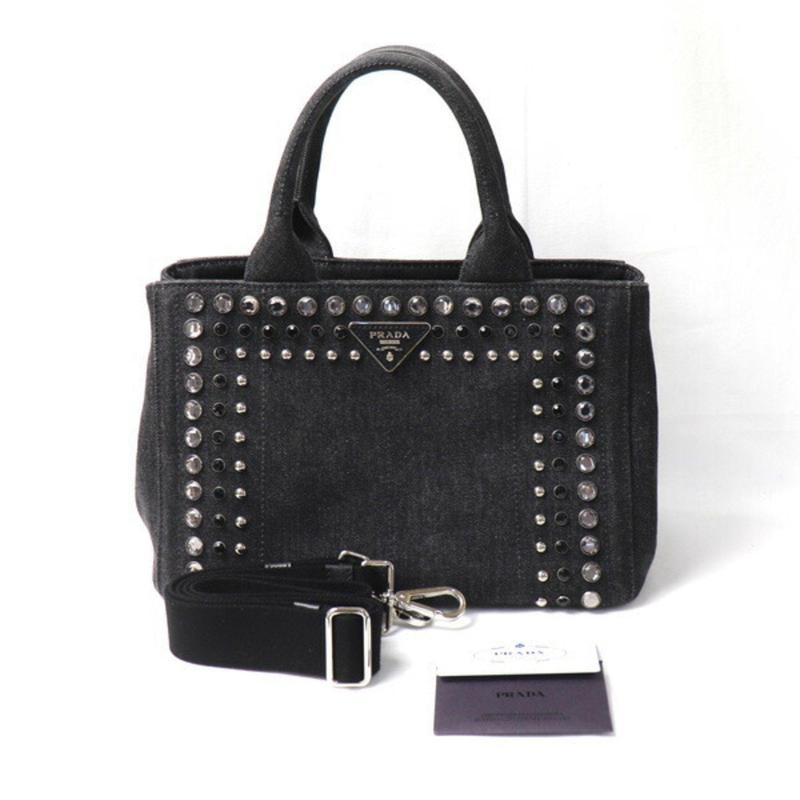 Pre-owned PRADA Denim tote bags Preloved Rhinestone Embellished Black ...