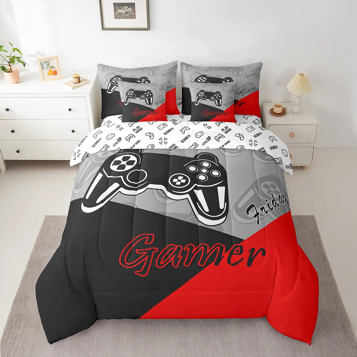 Feelyou 7-Piece Gamer Comfy Bedding Set - Red & Black Modern Print, Breathable Microfibre, Machine Washable All-Seasons Set with Comforter, Pillowcases, Cushion Cover (King & Multi-Size Available)