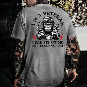 Monkeysober 100% Cotton Men's Suitable For All Seasons I'm A Veteran I Can Fix Stupid But It's Gonna Hurt Monkey T-shirt