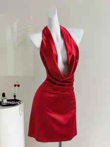 Women's New Vintage Satin Deep V Backless Bow Tie Waist Slimming Fitted Elegant Sexy Party Mini Dress