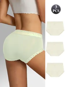 Three-Piece Women's Lace High-Waisted Underwear, Lightweight Cotton Panties for Summer, Comfortable Mid-Waist Thong with Bow Decor