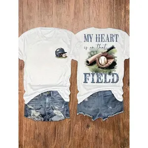 My Heart Is On That Field Baseball Graphic Tee Vintage Sporty Casual Crewneck Short Sleeve Soft T Shirt For Game Day Mom Gift