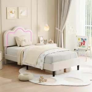 Modern PU Upholstered Twin Platform Bed with Height Adjustable Mountain Designed Headboard, Sleek Noise-Free Bedroom Frame Featuring Vibrant RGB LED Lights, Robust Durable Construction No Box Spring Required for Contemporary Room Style