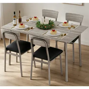 Dining Table Set for 4 w/ Beveled Edge Design & 4 Upholstered Chairs，Wood Kitchen Table Chairs Set of 4 for Dining Room, Kitchen, Apartment