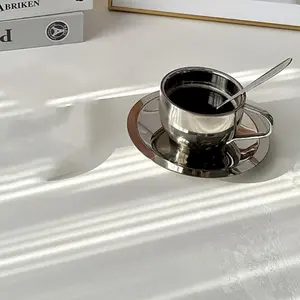 1set Stainless Steel Coffee Cup with Tray and Stirring Spoon, Double Wall Insulated Milk Tea Mug, Perfect for Hot Drinks and European Hotels