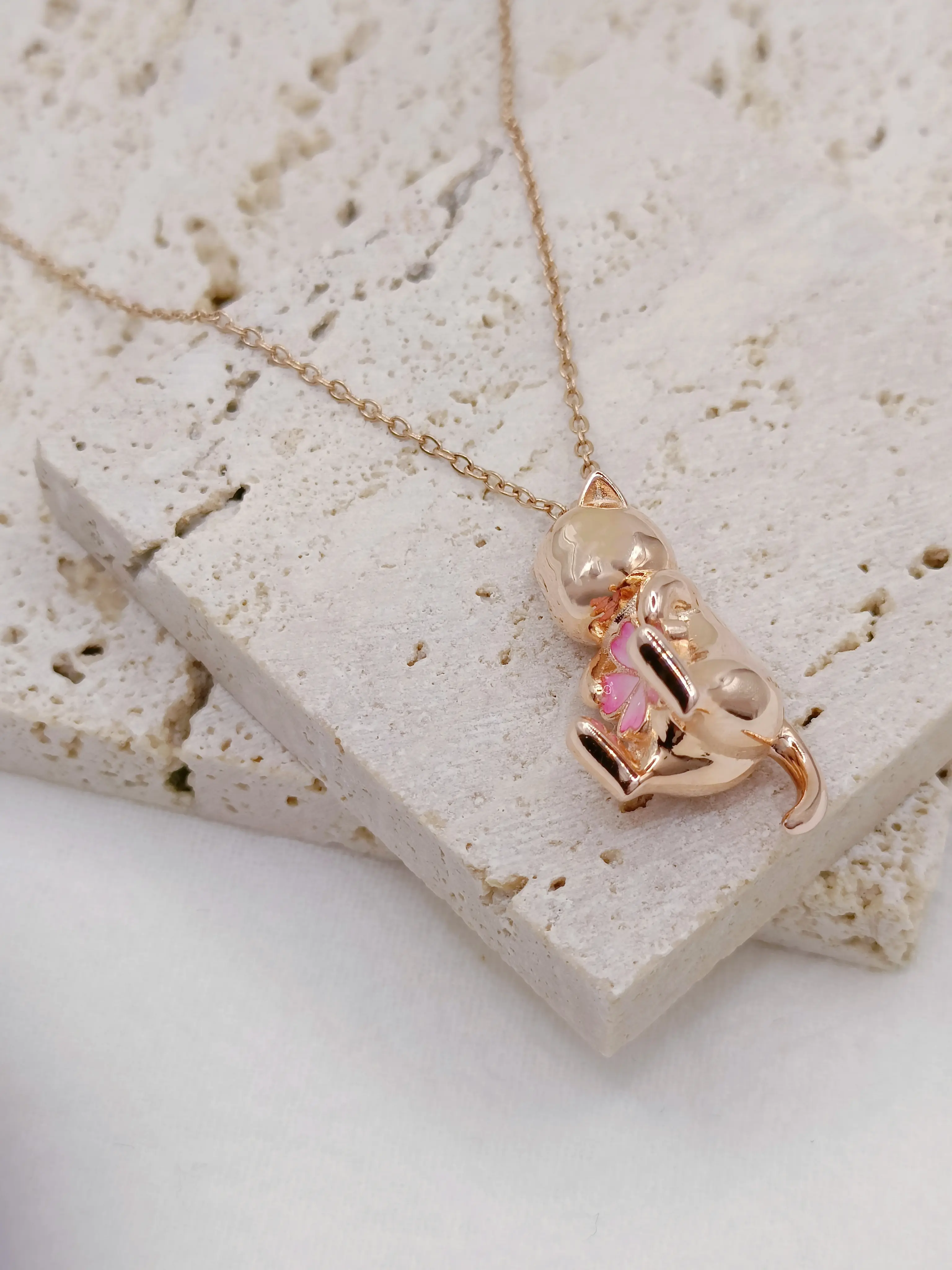 Sakura Cat Rose Gold Tone Medical Grade Hypoallergenic Titanium Necklace