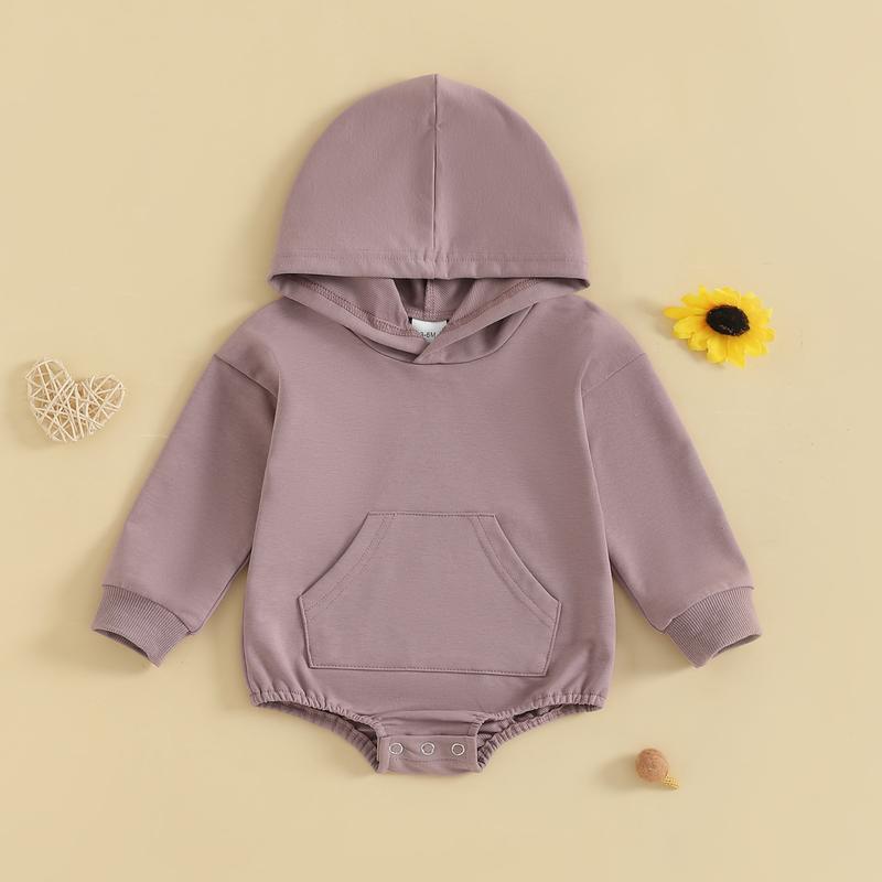 Baby Onesie Newborn Boy Girl Hooded Romper Long Sleeve Front Pocket Solid Color Bodysuit Infant Spring Fall Romper Toddler Outfit Cute