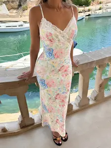 Elegant Floral Print Lace Patchwork Dress, Vacation Fitted Bodycon Straight Long Sundress, Sexy All-Over Print Design Women's Y2K Beach Style Outfits, Boho Printed Dress