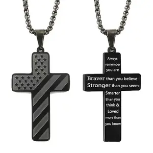1pc Durable 304L Stainless Steel America Flag Cross Necklace | Bible Verse Necklace for Men Women | Spiritual Inspirational Gift