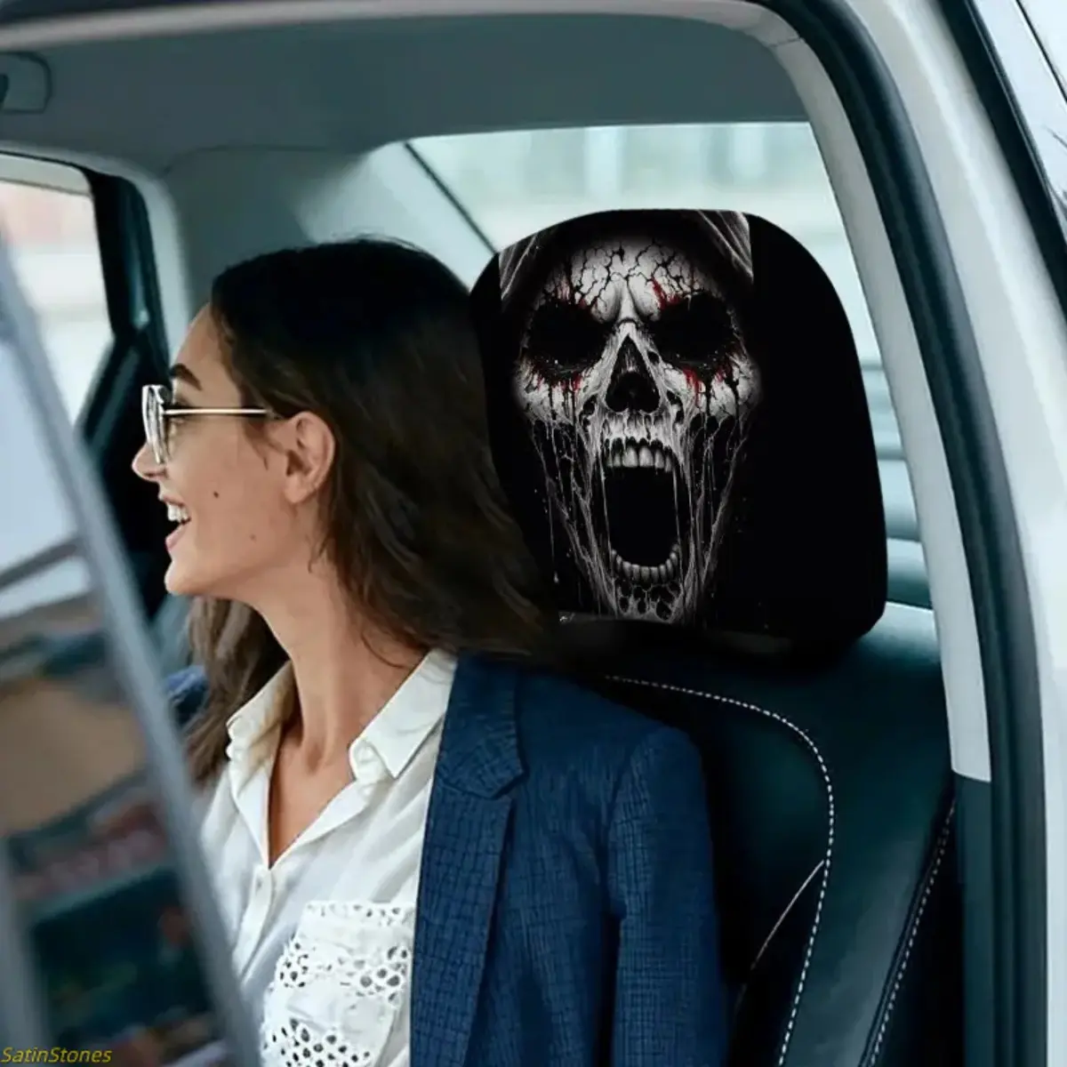 2-Pack 11x10.2-Inch Roaring Skull Car Headrest Covers - Car Headrest Cushion, Universal Design, Easy Installation, Durable Seat Upholstery Accessory, Ideal for Daily Commutes, Short Trips